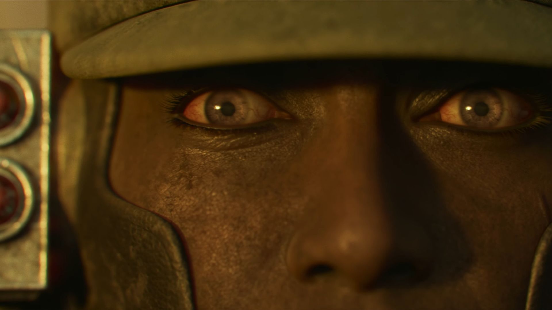 The bloodshot eyes of an Imperial soldier