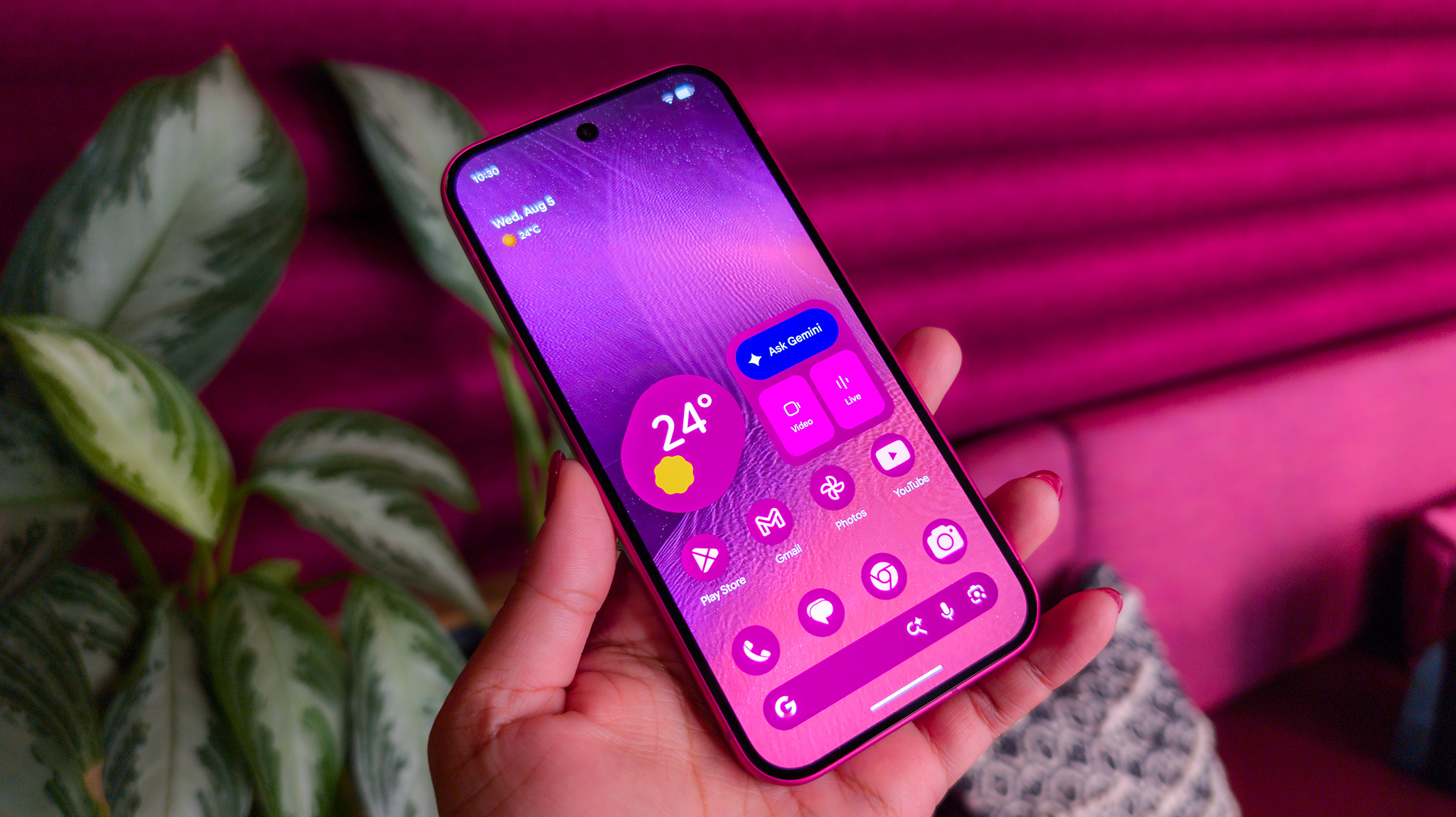 The colorful themed home screen of the Google Pixel 11