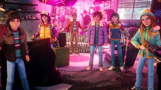Will, Dustin, Lucas, Eleven, Mike, and Max standing in a pink lit garage, smiling, and holding weapons in Stranger Things: Tales From 85