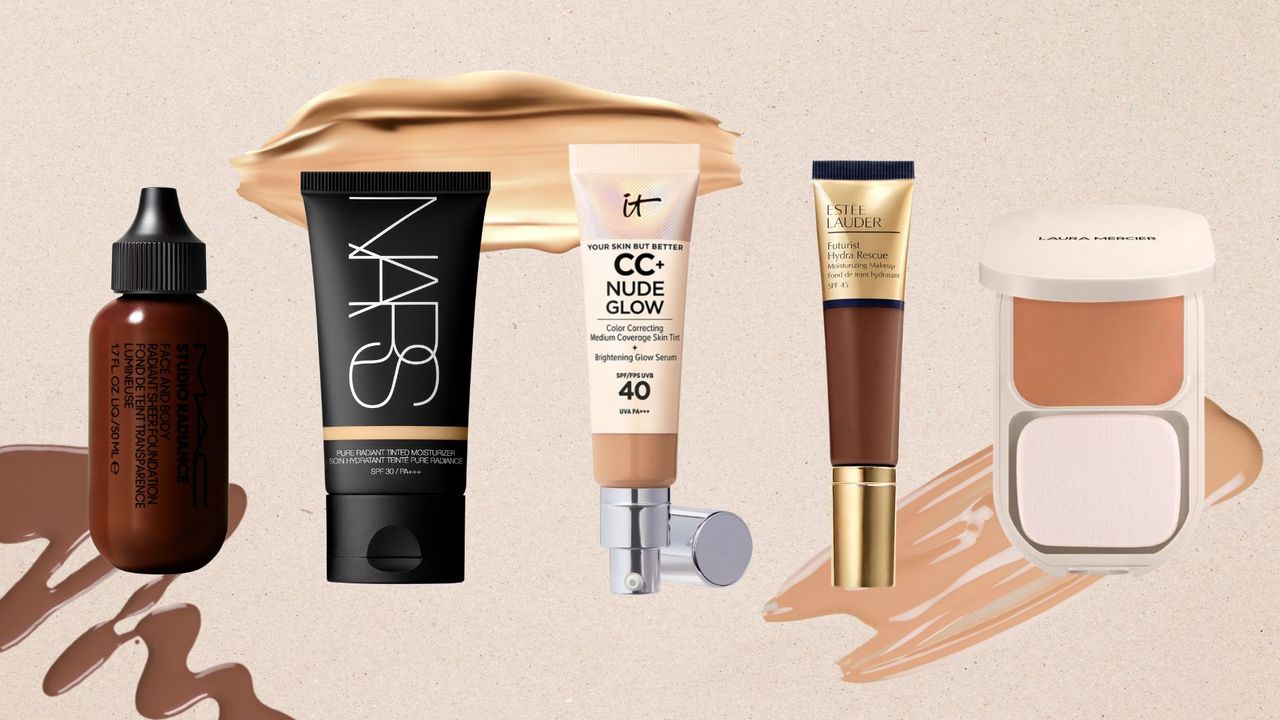 MAC, NARS, IT Cosmetics, Estee Lauder and Laura Mercier foundations on a beige background with foundation swatches