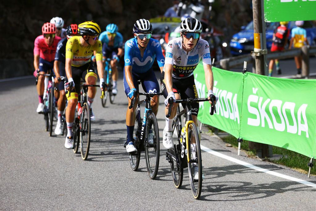 ANDORRELAVIEILLE ANDORRA JULY 11 Jonas Vingegaard of Denmark and Team JumboVisma White best young jersey Enric Mas of Spain and Movistar Team Tadej Pogaar of Slovenia and UAETeam Emirates yellow leader jersey during the 108th Tour de France 2021 Stage 15 a 1913km stage from Cret to AndorrelaVieille Col de Beixalis 1796m LeTour TDF2021 on July 11 2021 in AndorrelaVieille Andorra Photo by Tim de WaeleGetty Images