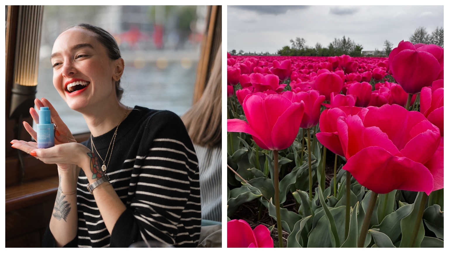 hannah baxter hold a bloomeffects bottle and a close up of pink tulips