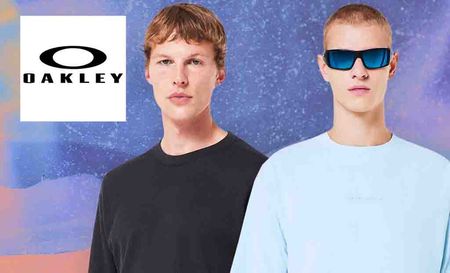 Two men in T-Shirts one wearing sunglasses. Oakley Logo in the top left corner