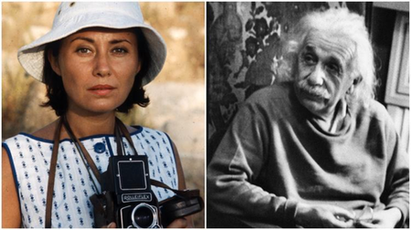A composite portrait showing Marilyn Stafford in a sun hat holding a Rolleiflex camera on the left, and Albert Einstein seated indoors on the right.