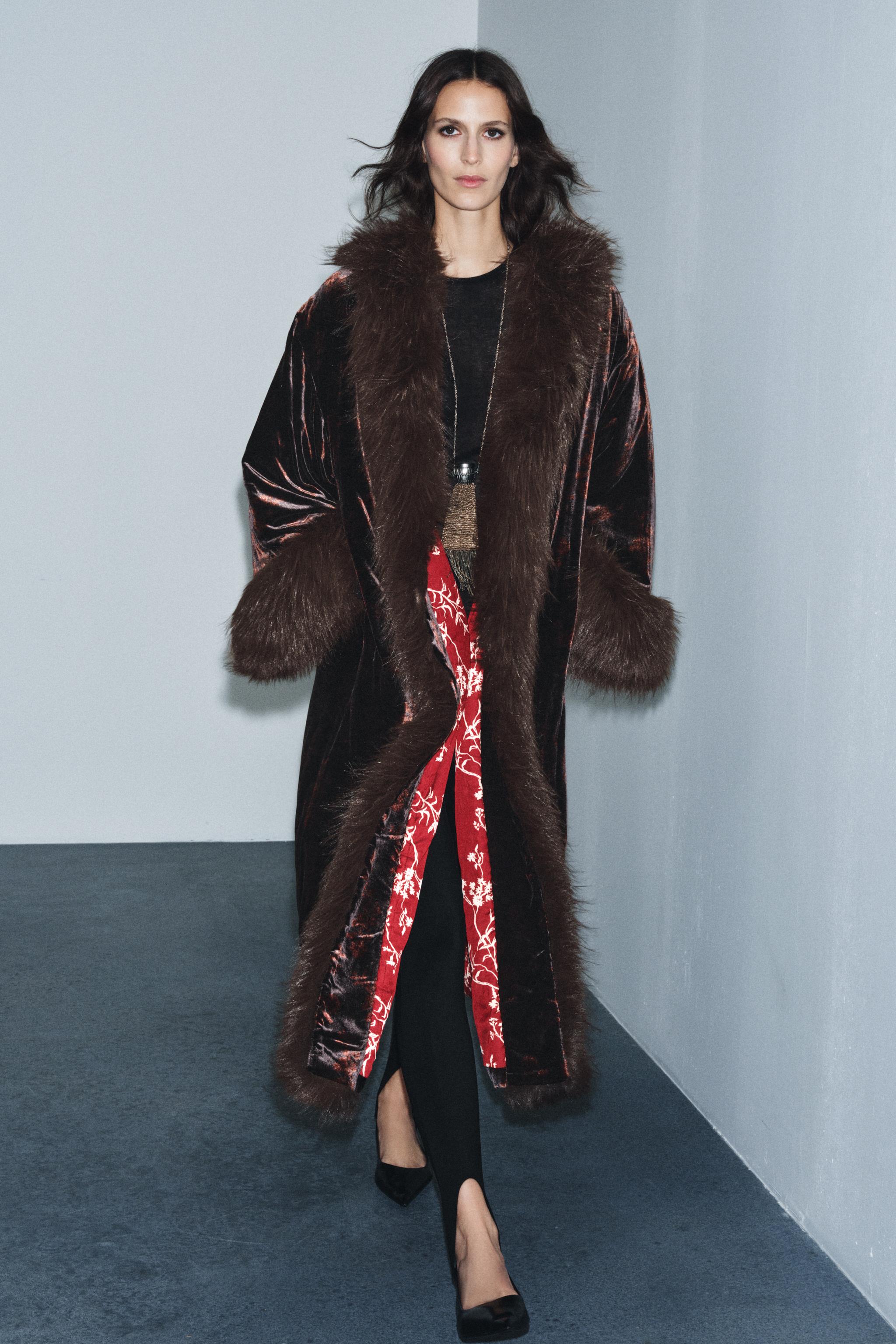 Faux Fur Print Velvet Coat