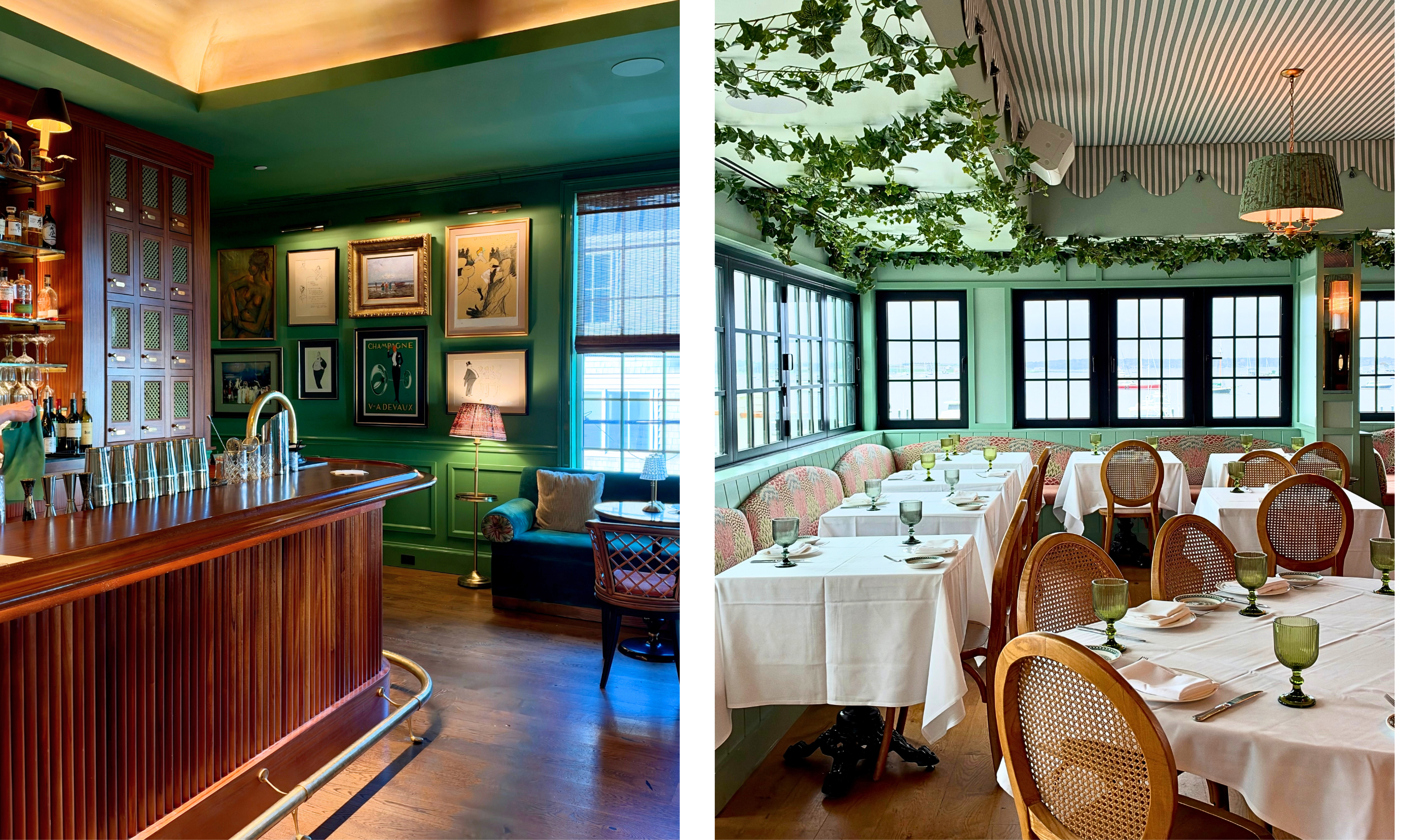 bright green bar area and restaurant dining room