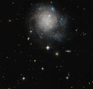 The faint galaxy UGC 12588 looks kind of like a cosmic cinnamon bun in this image snapped by the Hubble Space Telescope. The spiral galaxy, which appears circular with some white accents (adding to its dessert-like appearance), can be found in the constellation Andromeda. Now, while UGC 12588 is a spiral galaxy, its "arms" of stars and gas are fairly faint and closely swirled in its center, making it slightly different from a "classic" spiral galaxy.