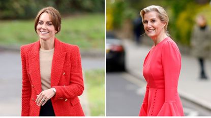 Composite of a picture of Kate Middleton wearing a red blazer in 2023 and Duchess Sophie wearing a coral dress in 2024