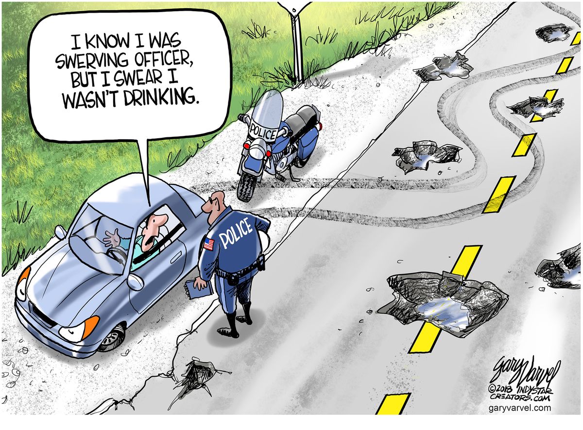 Political cartoon U.S. driving infrastructure potholes police | The Week