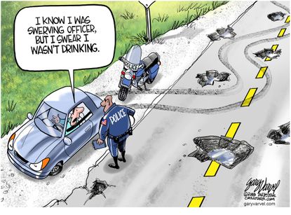 Political cartoon U.S. driving infrastructure potholes police
