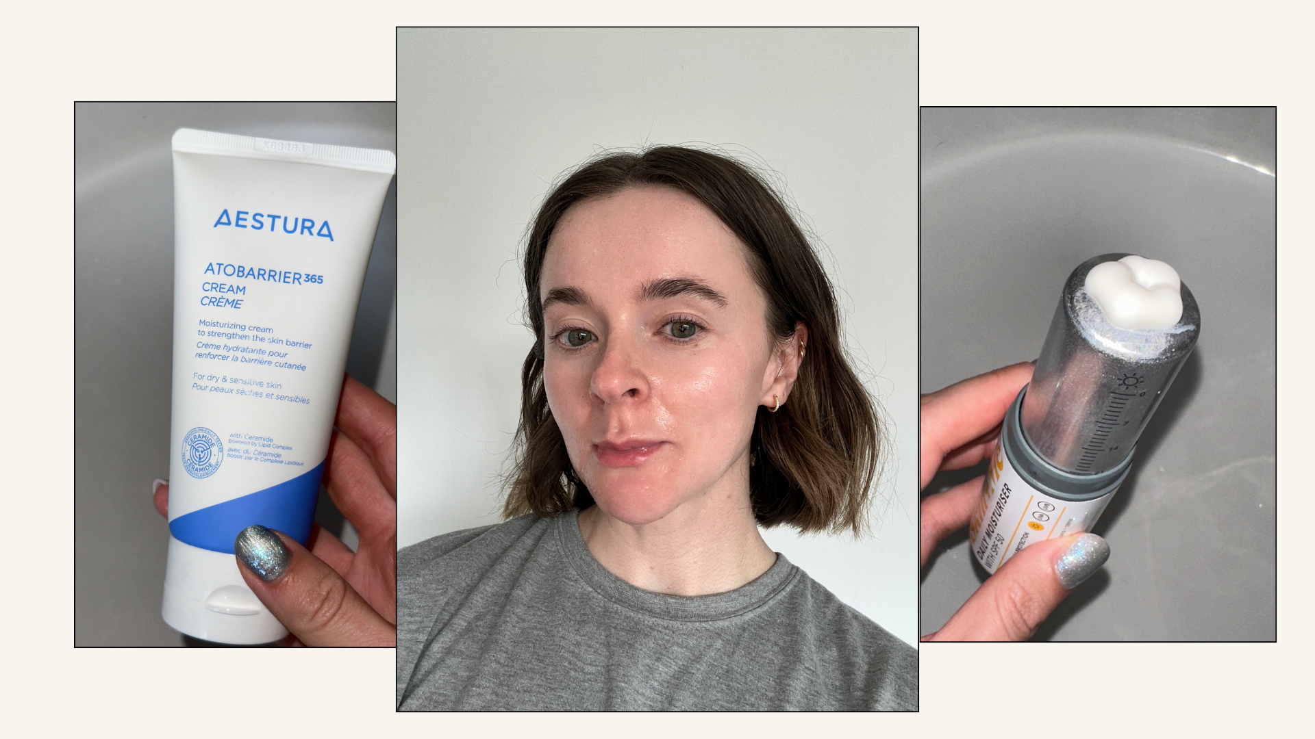 A collage featuring some of best products for sensitive skin and a selfie of beauty contributor Grace Day
