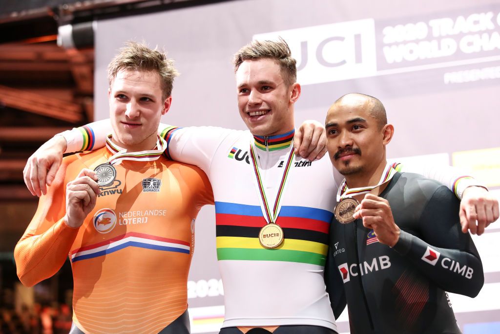 BERLIN GERMANY MARCH 01 LR Silver medalist Jeffrey Hoogland of the Netherlands Gold medalist Harrie Lavreysen of the Netherlands and Bronze medalist Mohd Azizulhasni Awang of Malaysia pose on the podium after the mens sprint final during day 5 of the UCI Track Cycling World Championships Berlin at Velodrom on March 01 2020 in Berlin Germany Photo by Maja HitijGetty Images