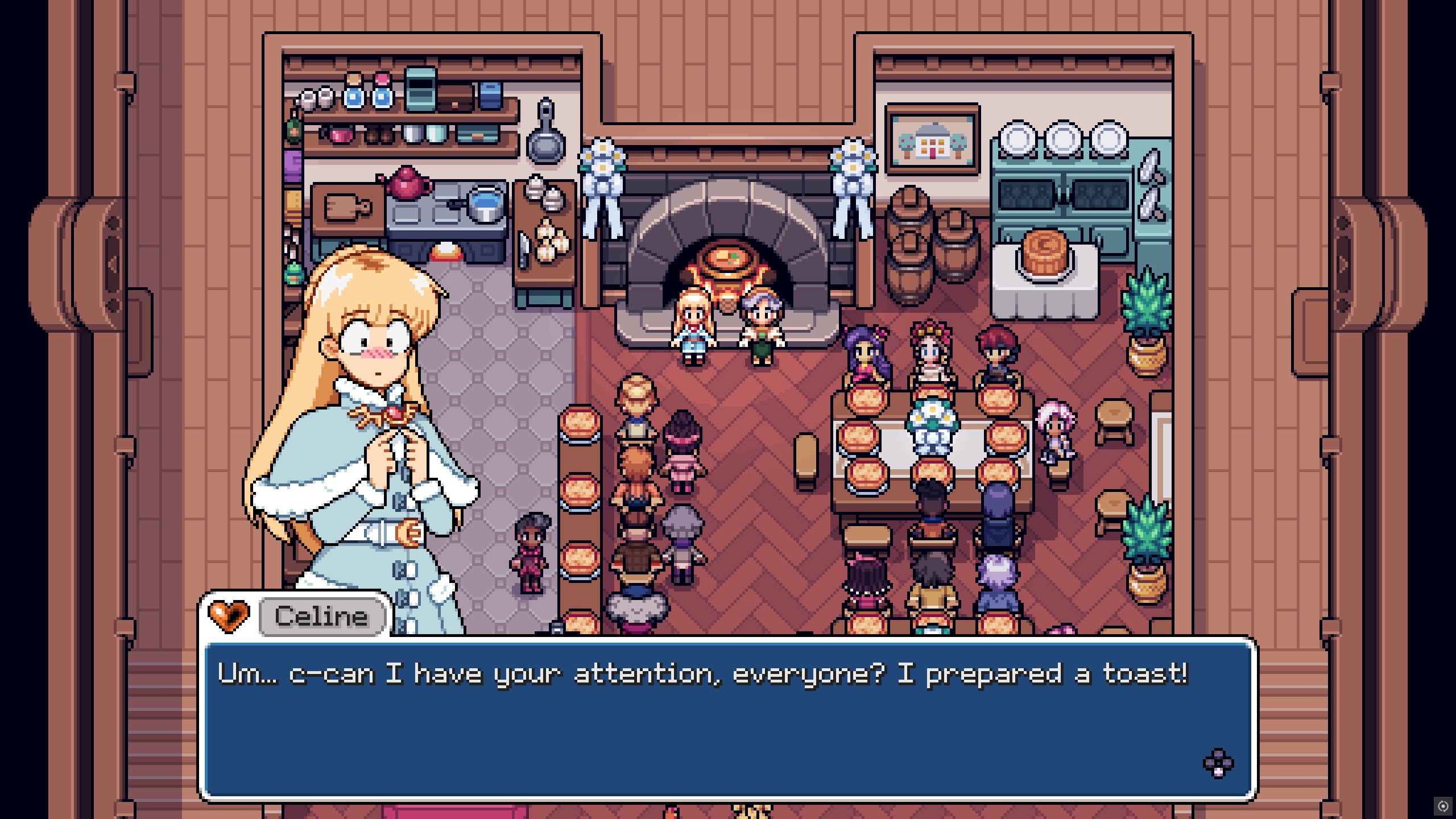 Fields of Mistria - Celine calls for attention to make a toast at Juniper's wedding reception