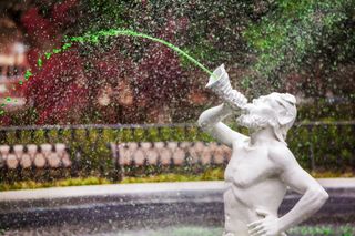 Forsyth Fountain, Savannah, Georgia, dyed green for St. Patrick's Day