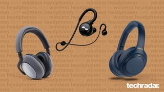 Billede af nogle af de bedste trådløse høretelefoner på brun baggrund: Sony WH-1000XM4, NuraLoop hovedtelefoner og Bowers & Wilkins PX7 trådløse hovedtelefoner