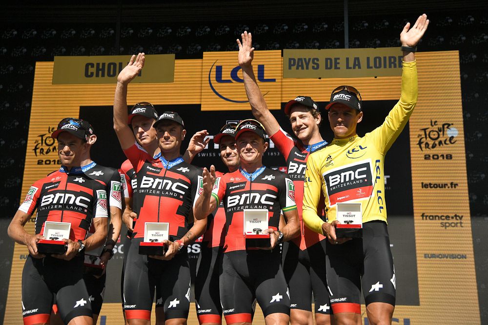 BMC Racing on the podium after winning the team time trial at the Tour de France