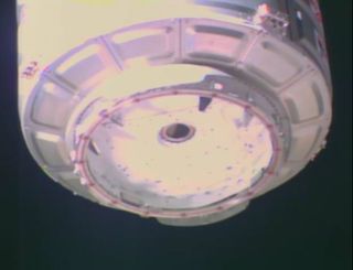 This closeup of Orbital Sciences' Orb-1 Cygnus cargo ship was captured by a camera on the International Space Station shortly after the vehicle's Jan. 12, 2014 arrival at the outpost. Shown here is the Cygnus' docking port, called the common berthing mech