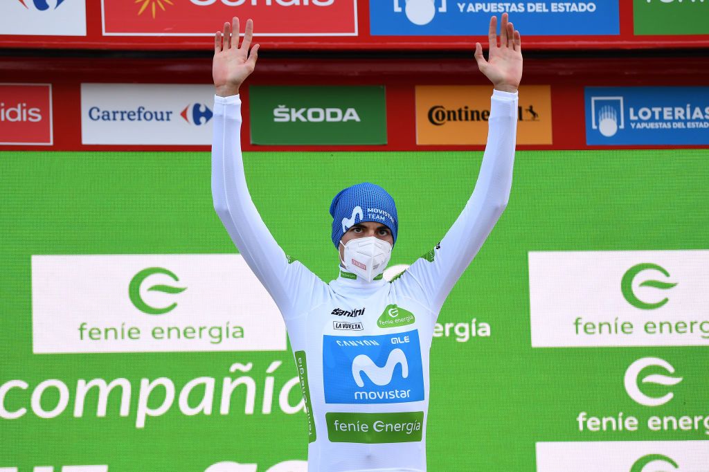 ALTO DE LA FARRAPONA LAGOS DE SOMIEDO SPAIN OCTOBER 31 Podium Enric Mas Nicolau of Spain and Movistar Team White Best Young Rider Jersey Celebration during the 75th Tour of Spain 2020 Stage 11 a 170km stage from Villaviciosa to Alto de La Farrapona Lagos de Somiedo 1708m lavuelta LaVuelta20 La Vuelta on October 31 2020 in Alto de La Farrapona Lagos de Somiedo Spain Photo by David RamosGetty Images