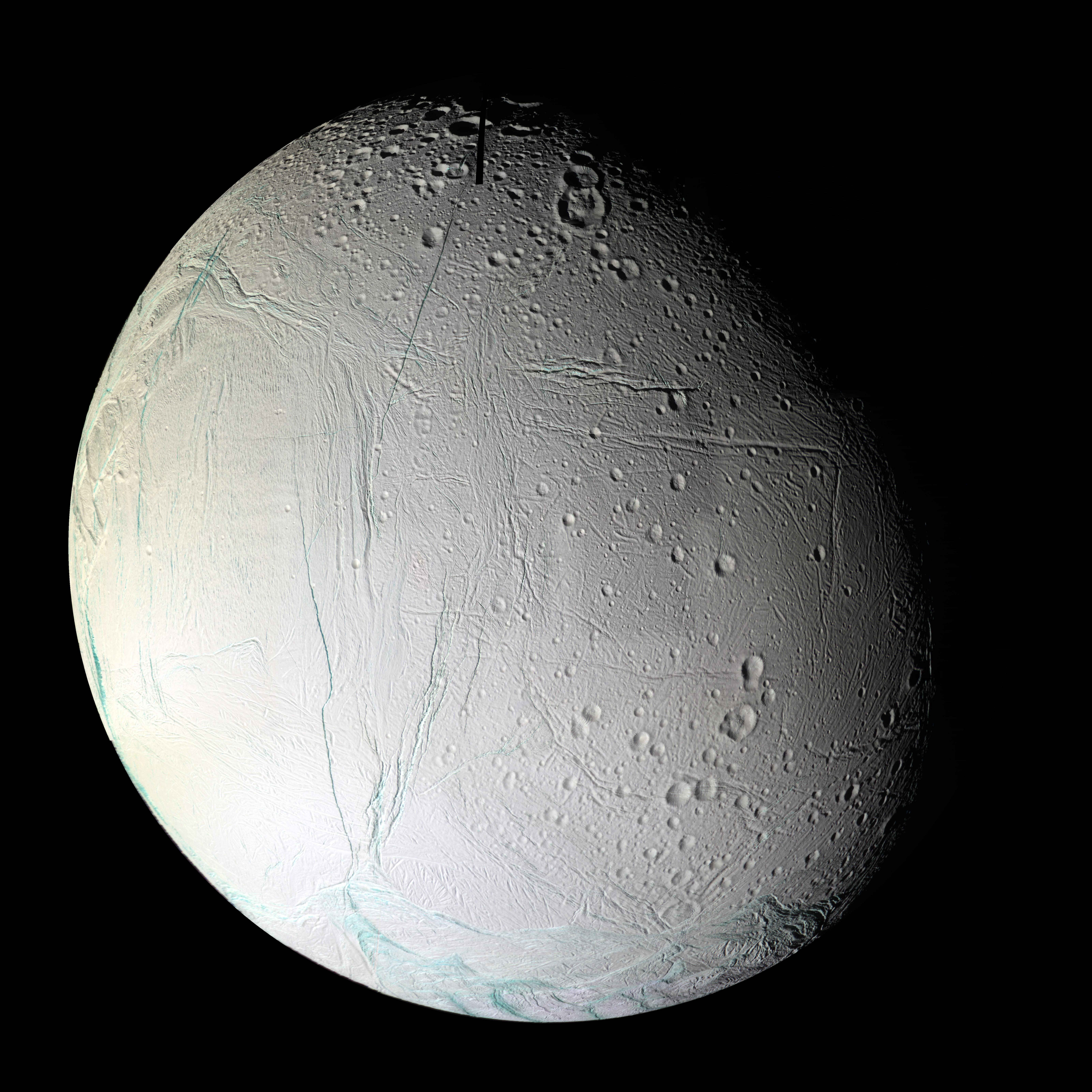 Enceladus, the small moon with the big geysers of water vapor and likely an underground ocean.