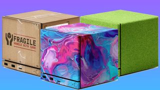 Three of dbrand's Steam Machine skins--from left to right, 'Package,' 'Cotton Candy,' and 'Touch Grass'.