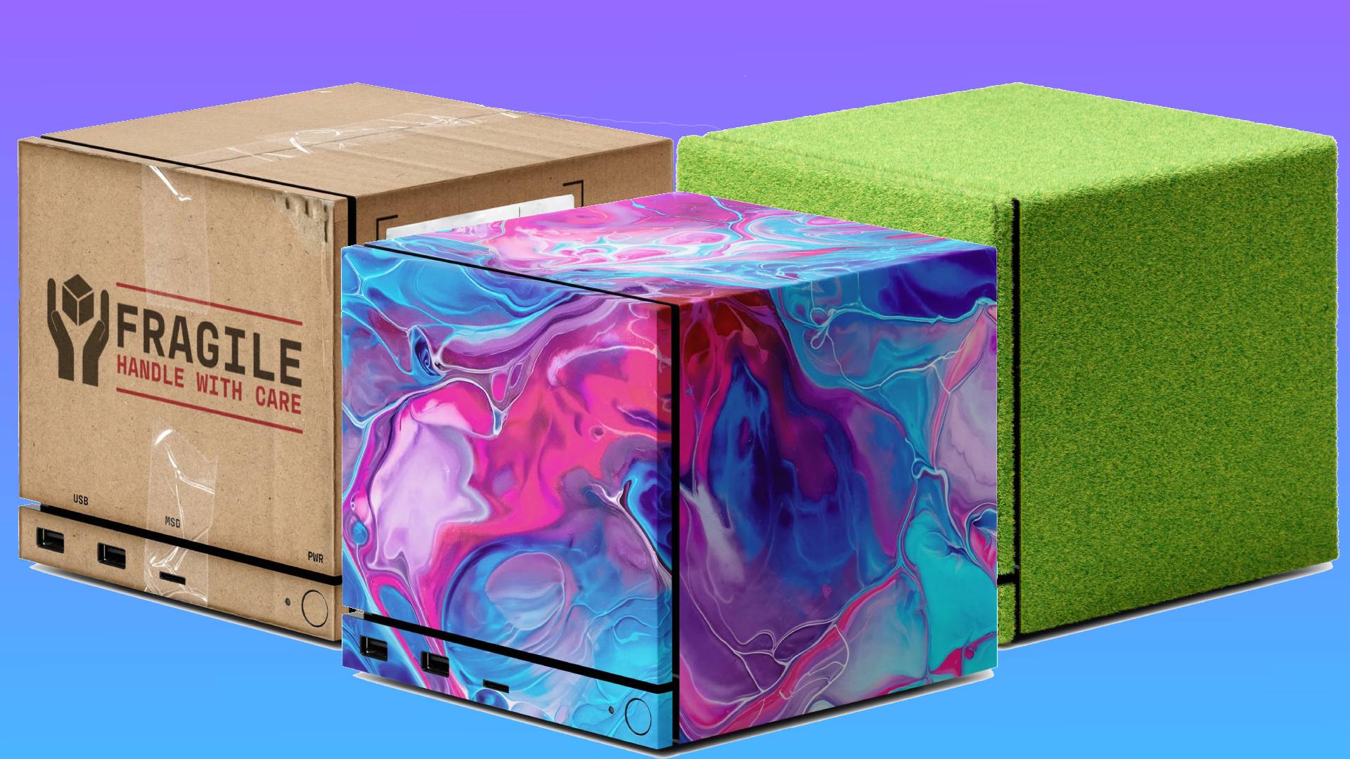 Three of dbrand's Steam Machine skins--from left to right, 'Package,' 'Cotton Candy,' and 'Touch Grass'.