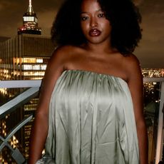 imani randolph wearing a strapless dress