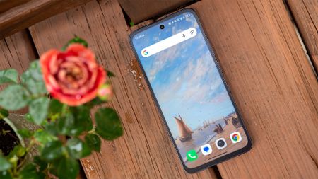 The homescreen of the TCL NXTPAPER 70 Pro with one of the default painting wallpapers, next to a rose plant