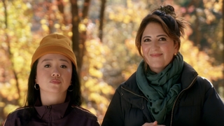 D'Carcy Carden and Sherry Cola dressed warmly standing outdoors hosting Wild Vacation Rentals