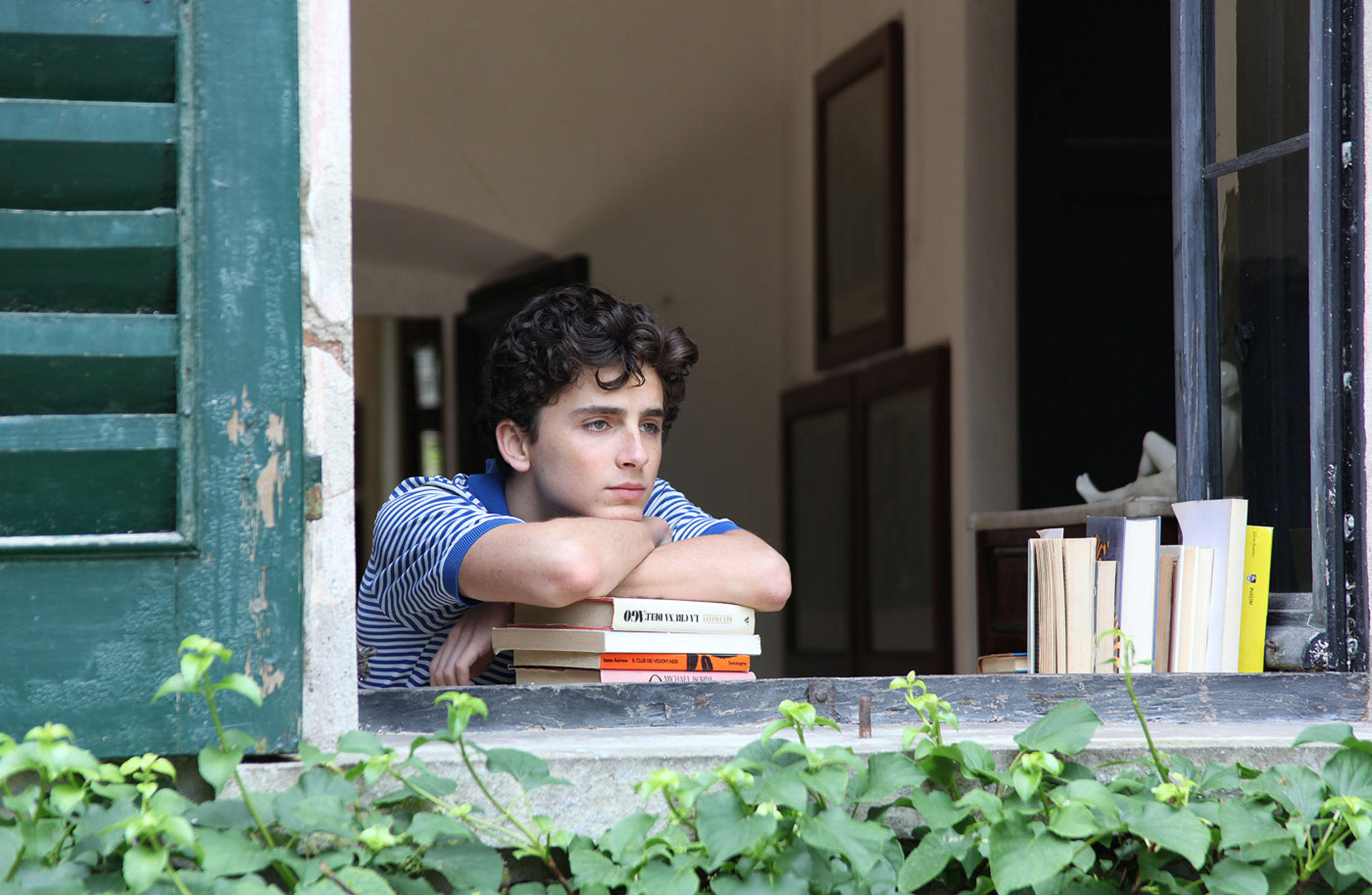 timothee chalamet leans on a stack of books while looking out a window in the movie call me by your name
