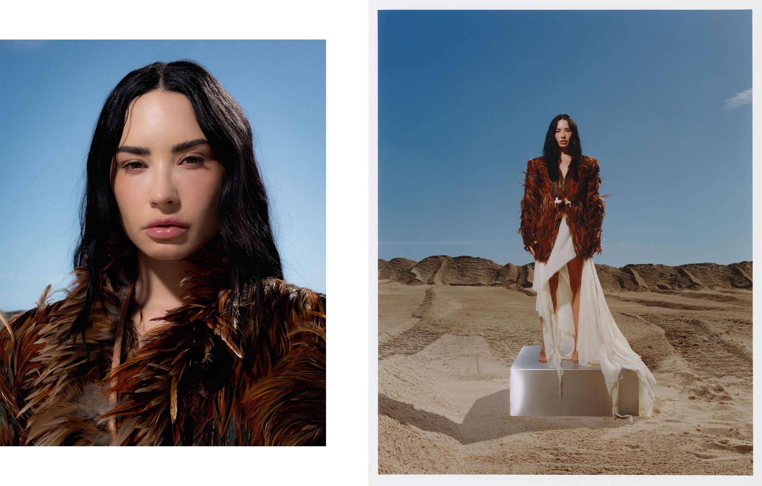 Demi Lovato for Who What Wear's November cover. On the left is a close-up portrait of Lovato wearing a brown feather coat. On the right, Lovato stands on a large silver platform. She is wearing a belted brown feather coat over a white dress.