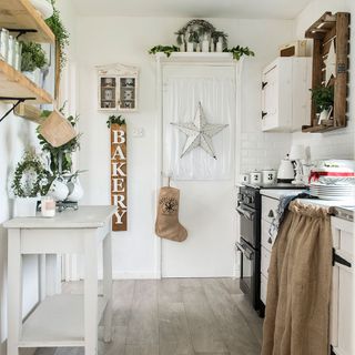kitchen with white wall and faux plants