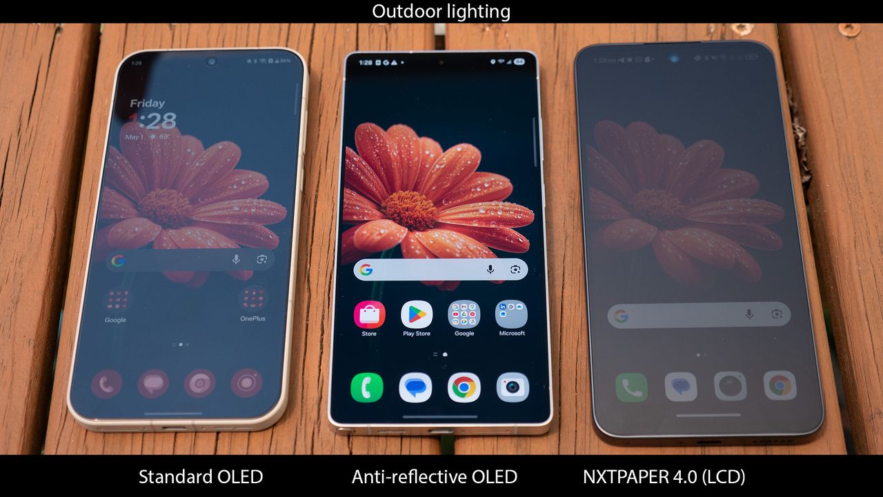 Comparing NXTPAPER 4.0 on the TCL NXTPAPER 70 Pro with anti-reflective OLED on the Samsung Galaxy S25 Ultra, as well as standard OLED on a OnePlus 15