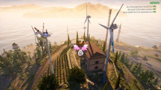 Pilgor flying amidst a wind farm in Goat Simulator 3
