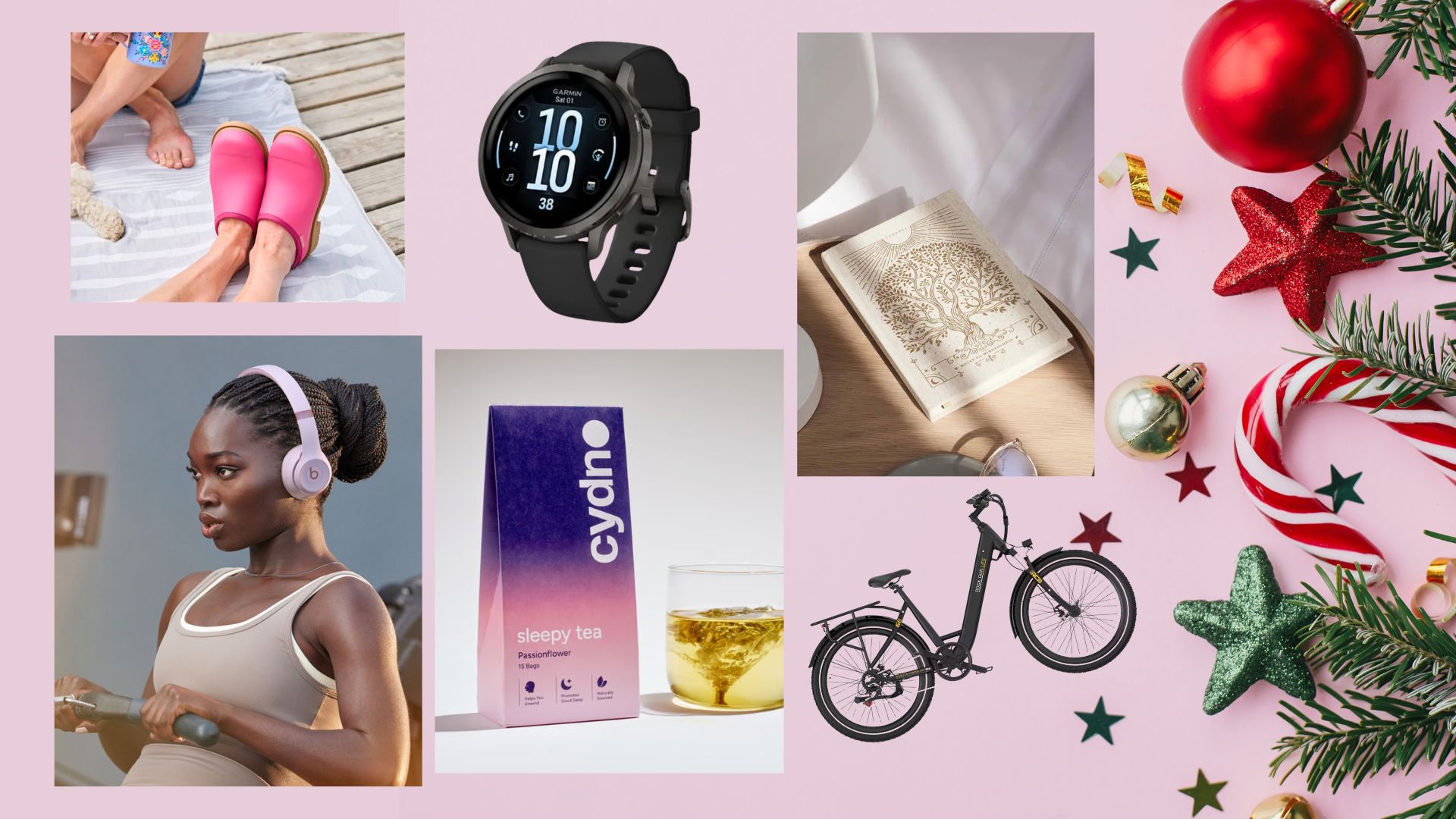 A festive collage of health and wellness Christmas gifts, featuring self-care essentials, relaxation treats, fitness accessories and thoughtful wellbeing products.