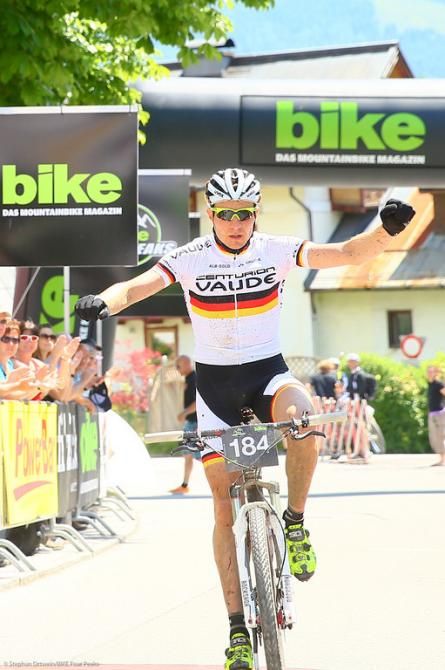 Markus Kaufmann is happy to finish stage 4 and celebrates third overall at the Bike Four Peaks