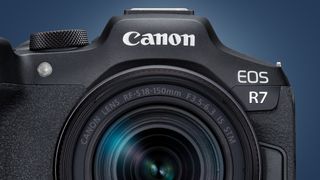 The Canon EOS R7 on a blue background