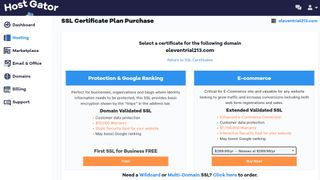 HostGator's SSL certificate purchasing window within its user interface