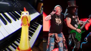 A chicken and Axl Rose with Slash