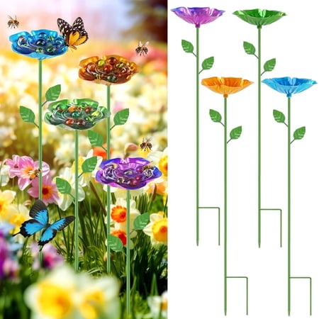Metal Bee Feeder 4 Pack, Bee Watering Station With Glass Marbles, Flower Shape Bee Bath, Easter Decor for Outdoor Garden 4color