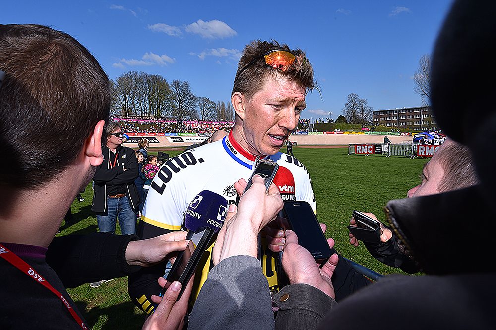 Sep Vanmarcke (LottoNL-Jumbo) speaks to the press after finishing fourth at Paris-Roubaix