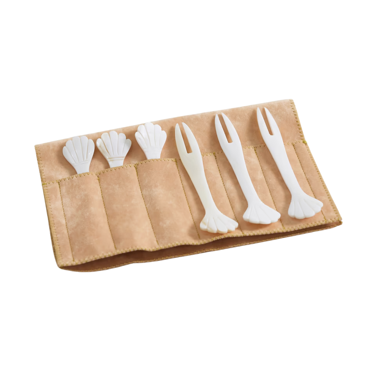 A set of Mother-of-Pearl spoons in a sheath