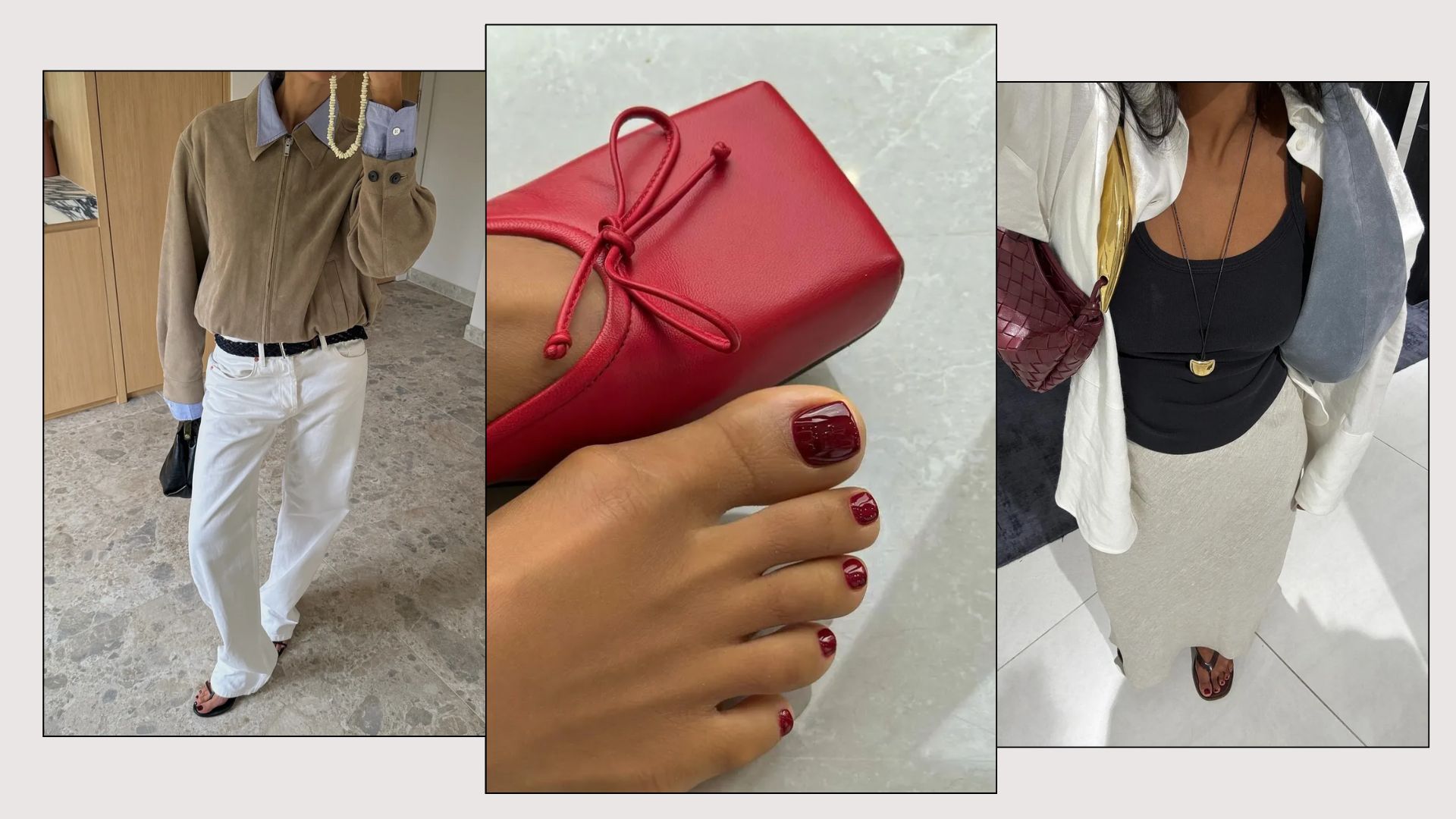 A woman taking a mirror selfie with a black pedicure, a close-up picture of a deep red pedicure and a woman taking an outfit picture with a burgundy pedicure