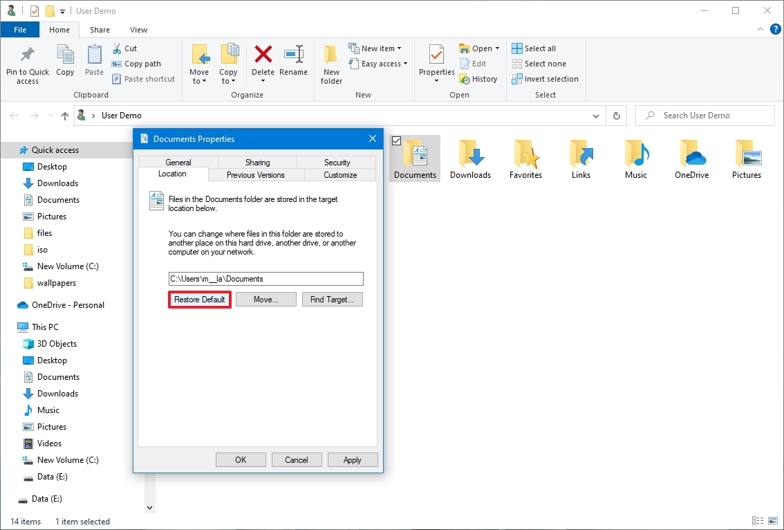 Windows 10 восстановить расположение папки по умолчанию