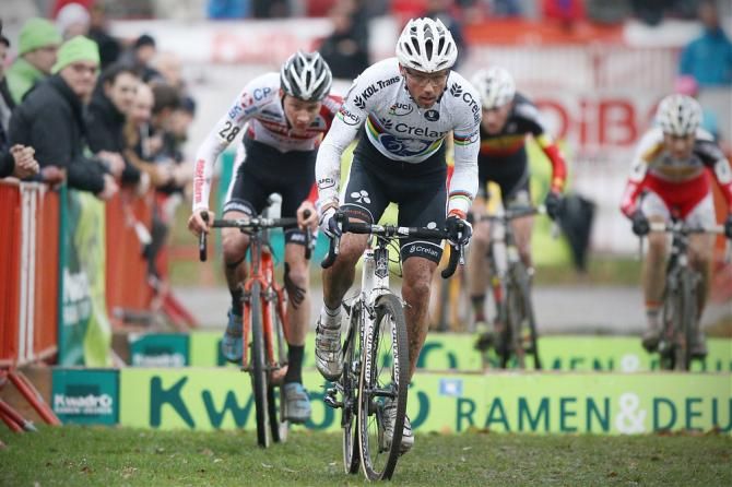 World champion Sven Nys accelerates away from the barrier section with Mathieu van der Poel in hot pursuit