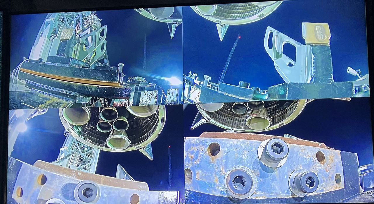 SpaceX CEO Elon Musk unveiled this view of the company's Starship SN20 prototype being attached to its Super Heavy booster near Boca Chica village in South Texas on Feb. 9, 2022 ahead of a project update.