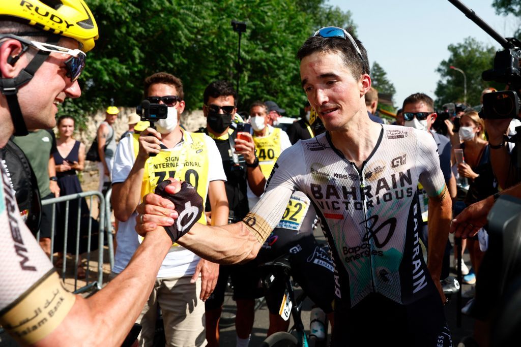 Bahrain Victorious Spanish rider Pello Bilbao R celebrates after winning the 10th stage of the 110th edition of the Tour de France cycling race 1675 km between Vulcania and Issoire in the Massif Central highlands in central France on July 11 2023 Photo by GONZALO FUENTES POOL AFP Photo by GONZALO FUENTESPOOLAFP via Getty Images