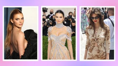 three of the best Kendall Jenner outfits: Kendall pictures in a black ruffled dress, a diamond covered sheer dress and a floral co ord/ in a pink and purple template