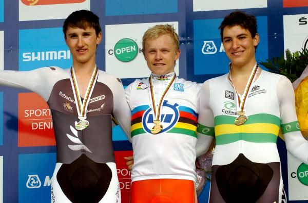 The Junior men time trial podium: Oram, Wurtz Schmidt and Edwards