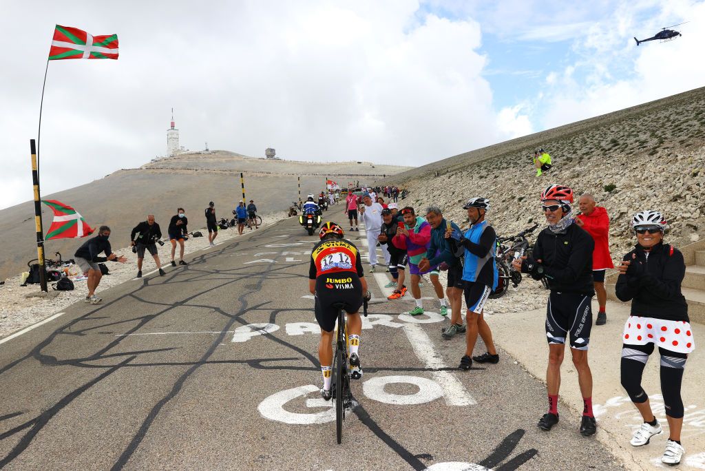 MALAUCENE FRANCE JULY 07 Wout Van Aert of Belgium and Team JumboVisma during the 108th Tour de France 2021 Stage 11 a 1989km km stage from Sorgues to Malaucne Mont Ventoux 1910m Public Fans Landscape LeTour TDF2021 on July 07 2021 in Malaucene France Photo by Tim de WaeleGetty Images
