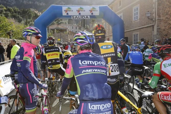 The peloton awaits the start of the Trofeo Dei&agrave; - the third day of racing at the Challenge Mallorca